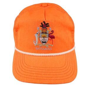 Vintage Bahamas Snapback Hat Mens One Size Orange 80s Rope Cap Coat Of Arms